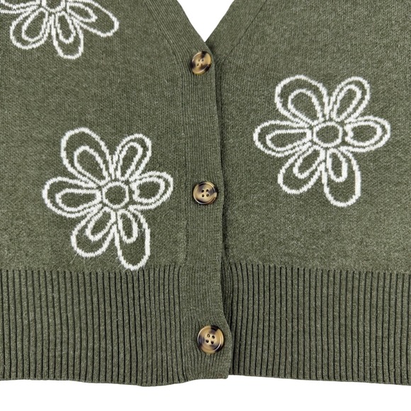 No Boundaries Women's Green Floral Knit V Neck Button-Up‎ Cardigan Y2K Boho Soft - Picture 4 of 10